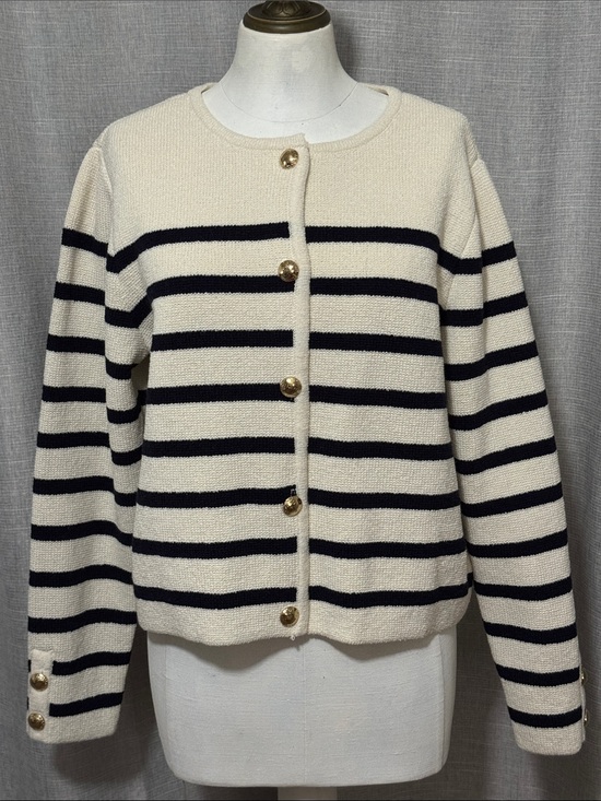 Sweaters - NWT H & M Knit Cardigan-Cream/Black Striped-Gold Toned Buttons-Poly Blend-Sz M